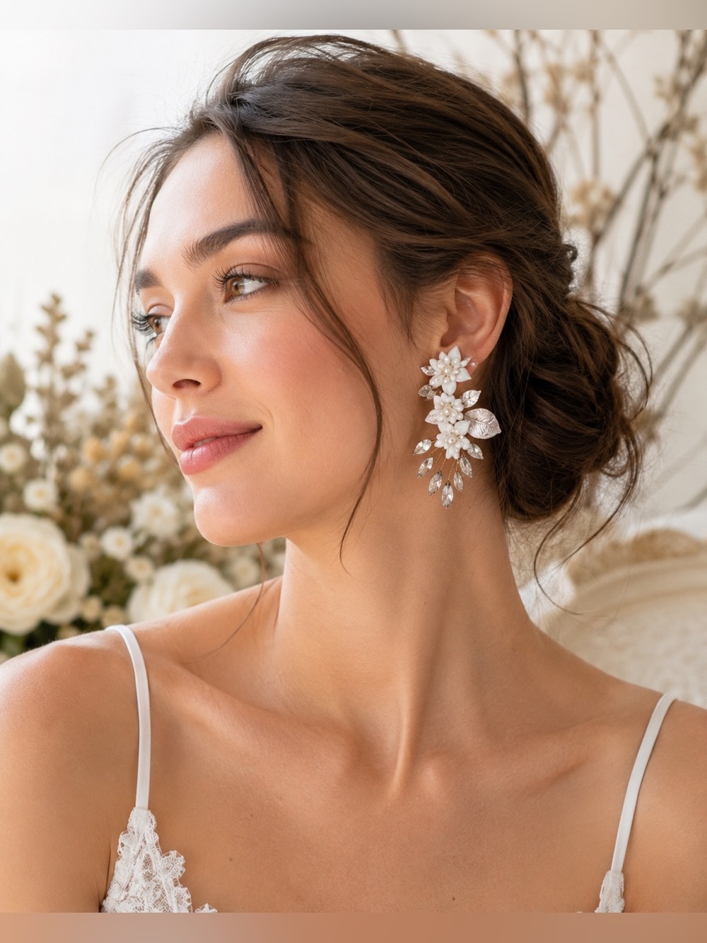 Bridal Pearl Crystal Floral Clip On Earrings White Gold Tone Wedding Prom‎